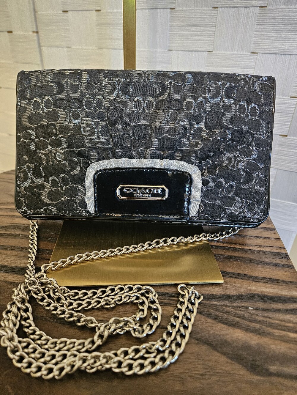 COACH Optic Art Lurex Bag /Wallet !Clutch Black Silver Crossbody F44144